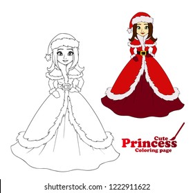 Cute winter princess wearing Santa Claus dress. Outline drawing. Hand drawn vector illustration. Can be used for coloring pages, games, Christmas cards etc. 