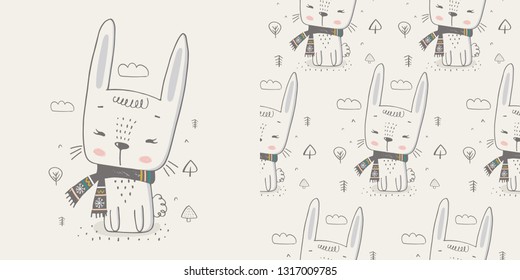 Cute winter Rabbit. hand drawn color character with seamless pattern.Can be used for t-shirt print, kids wear fashion design, baby shower invitation card. - Vector 