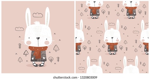 Cute winter Rabbit. hand drawn color character with seamless pattern.Can be used for t-shirt print, kids wear fashion design, baby shower invitation card. - Vector