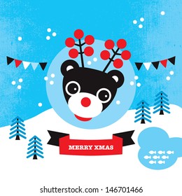 Cute winter reindeer and merry christmas baby boy announcement card template in vector 
