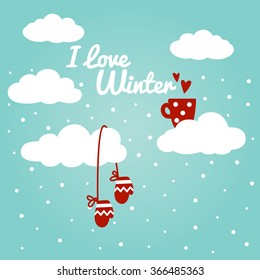 Cute winter romantic vector illustration with blue sky, snowflakes, clouds, hearts, red cup and mittens. Perfect for cards, website design, logo, birthday, Valentines Day and any type of celebration