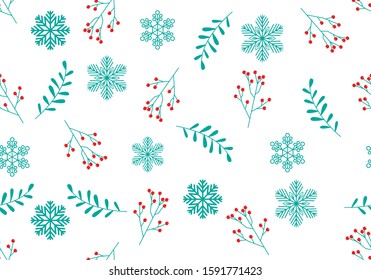 Cute Winter seamless Christmas, pattern. Beautiful Snowflakes, 
 Green leaves on White background. Vector illustration.