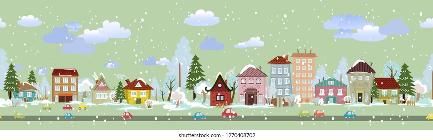 cute winter seamless cityscape panorama for your design