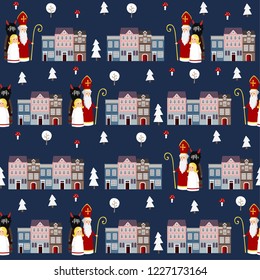 Cute winter seamless fabric pattern with St. Nicholas, angel, devil and town houses. Flat kids design. Vector illustration background, web banner.