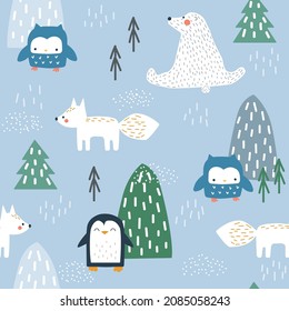Cute winter seamless pattern with arctic animals. Kids print. Vector hand drawn illustration.