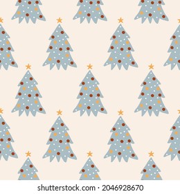 Cute winter seamless pattern with cartoon Christmas trees in flat style on beige background. Modern simple vector illustration	