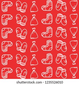 Cute winter seamless pattern. Christmas card. New Year themed wrapping paper. Set of three handdrawn xmas icons in simple style. White and red colors.
