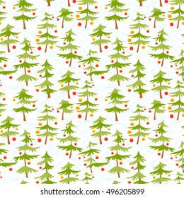 Cute winter seamless pattern  with Christmas tree in cartoon style. Many green pine trees with red and orange decoration balls. Design element for seasonal posters, backgrounds and textile