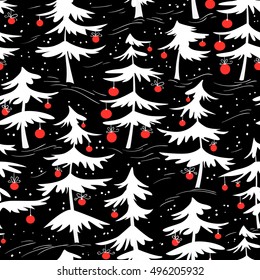 Cute winter seamless pattern  with Christmas tree in cartoon style. Many green pine trees with red and orange decoration balls. Design element for seasonal posters, backgrounds and textile