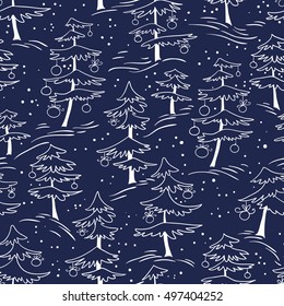 Cute winter seamless pattern  with Christmas tree in doodle style. Many white pine trees with decoration balls. Design element for seasonal posters, backgrounds and textile