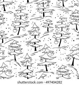 Cute winter seamless pattern  with Christmas tree in doodle style. Many white pine trees with decoration balls. Design element for seasonal posters, backgrounds and textile