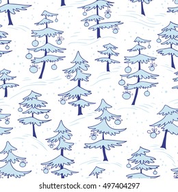 Cute winter seamless pattern  with Christmas tree in doodle style. Many white pine trees with decoration balls. Design element for seasonal posters, backgrounds and textile