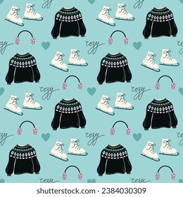 Cute Winter seamless pattern. Cozy objects background. Vector illustration with clothes, skates, hearts for print, textile, decor, paper. 