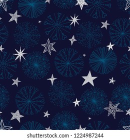 Cute winter seamless pattern with decorative snowflakes and stars. Seamless pattern can be used for wallpaper, pattern fills, web page background, surface textures.