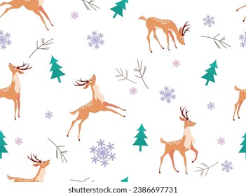 Cute winter seamless pattern with deer, fir trees and snowflakes on a white background. Hand drawn festive Christmas and New Year vector animals illustration.
