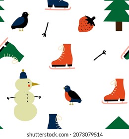 Cute winter seamless pattern with different winter objects and strawberry on white snowy background. Funny , simple and stylish Scandinavian repeat texture.