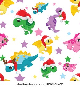 Cute winter seamless pattern dinosaurs. Vector Illustration - White Background