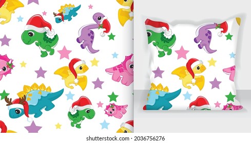 Cute winter seamless pattern dinosaurs. Vector Illustration - White Background