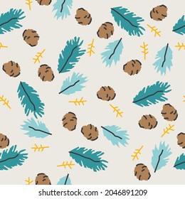 Cute winter seamless pattern with fir tree branches and cones. Colorful background, wrapping paper, postcard, illustration, print