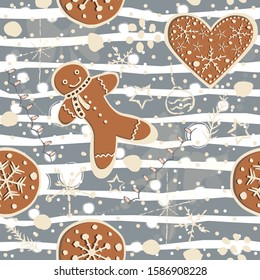 Cute Winter Seamless Pattern with gingerbread cookies. Vector Illustration.