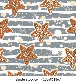 Cute Winter Seamless Pattern with gingerbread cookies. Vector Illustration.