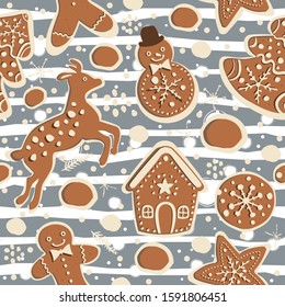 Cute Winter Seamless Pattern with gingerbread cookies. Vector Illustration.