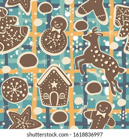 Cute Winter Seamless Pattern with gingerbread cookies. Vector Illustration.