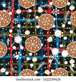Cute Winter Seamless Pattern with gingerbread cookies. Vector Illustration.