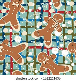 Cute Winter Seamless Pattern with gingerbread cookies. Vector Illustration.