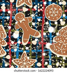 Cute Winter Seamless Pattern with gingerbread cookies. Vector Illustration.