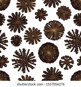 Cute winter seamless pattern with gold decorative snowflakes.