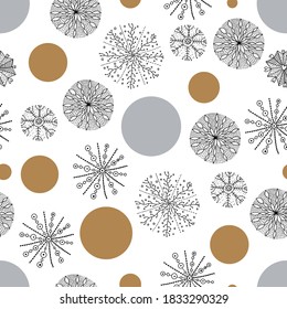 Cute winter seamless pattern with gold  snowflakes and polka dots. Can be used in textile industry, paper, background, scrapbooking.