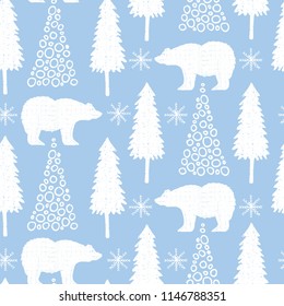 Cute winter seamless pattern with hand drawn bears and pine trees.