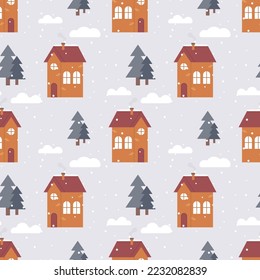 Cute winter seamless pattern of house with Christmas trees and snow in flat style. Ideal for paper products or clothing prints
