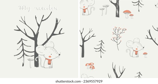 Cute winter seamless pattern with Mouse, mushrooms and trees. Hand drawn vector illustration.