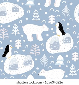 Cute winter seamless pattern with polar bear, Christmas tree, penguin doodles with abstract elements around in Scandinavian style vector illustration.