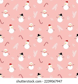 Cute winter seamless pattern with snowman and candy cane. Funny childish festive print for textile, wrapping paper