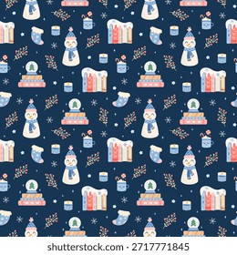 Lindo patrón de invierno sin fisuras con muñeco de nieve, libros, vela, calcetín, taza festiva y ramas. Navidades fondo de libro, impresión del amante del libro, lectura acogedora, Ilustración vectorial de la librería del pastel.