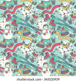 cute winter seamless pattern with snowman and ski, vector illustration