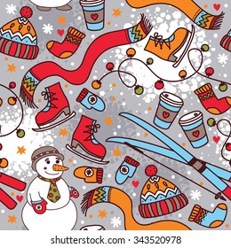 cute winter seamless pattern with snowman and ski, vector illustration