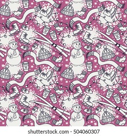 cute winter seamless pattern with snowman and ski, vector illustration