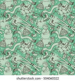 cute winter seamless pattern with snowman and ski, vector illustration