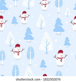 Cute winter seamless pattern with snowman,snow,tree for Christmas holiday