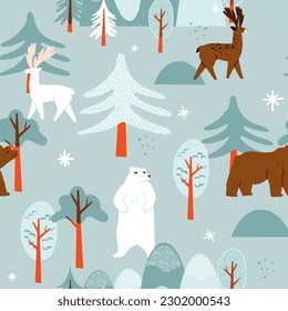 Cute winter seamless pattern with a snowy forest, fir trees, a polar bear, a grizzly bear, deers in the woods. Children vector animal repeat backdrop for wallpaper, fabric, and wrapping paper.