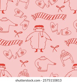 Cute winter seamless pattern, vector illustration. Red and pink colored doodles of warm winter clothes. Christmas wrapping paper.