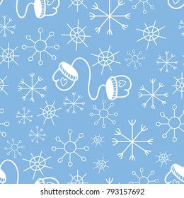 Cute winter seamless vector pattern with snowflakes and mittens
