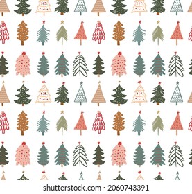 Cute winter season holiday childish seamless pattern with minimalist hand drawn various Christmas tree doodle. Beautiful New Year children naive background design, textile print.
