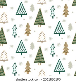 Cute winter season holiday childish seamless pattern with Scandinavian minimalist hand drawn Christmas tree doodle. Beautiful New Year children naive background design, textile print.