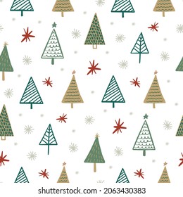 Cute winter season holiday childish seamless pattern with Scandinavian minimalist hand drawn Christmas tree doodle, pine tree, snowflakes. Beautiful New Year children background design, textile.