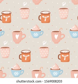 Cute winter season seamless pattern. Hand drawn cups with cocoa and marshmallows. Repeated vector wallpaper.